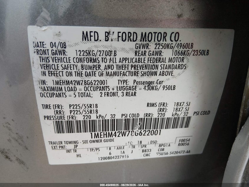 2008 Mercury Sable Premier VIN: 1MEHM42W78G622001 Lot: 45490025