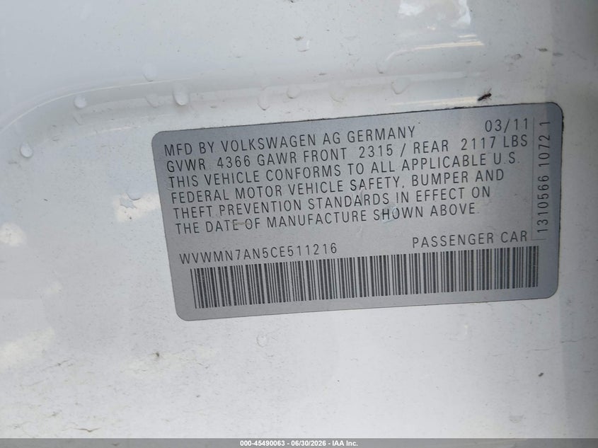 2012 Volkswagen Cc R-Line VIN: WVWMN7AN5CE511216 Lot: 45490063