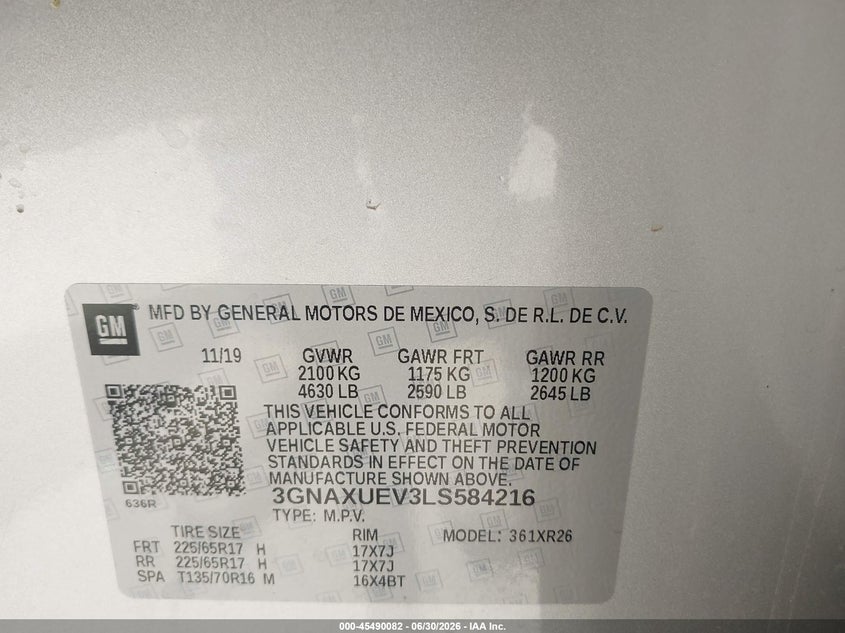2020 CHEVROLET EQUINOX SPORT UTILITY VEHICLE 1.5L I-4 DI, DOHC, VVT, TURBO, 170HP