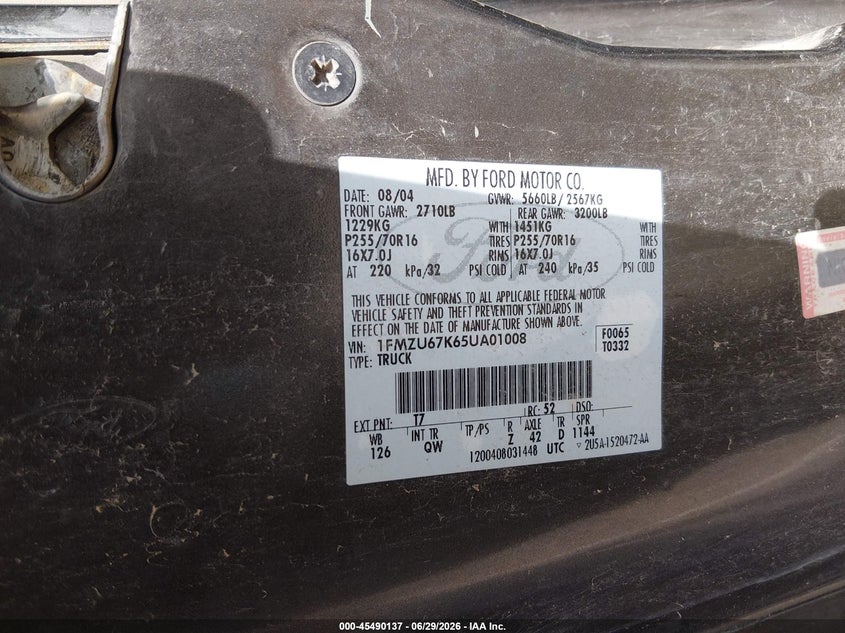 2005 Ford Explorer Sport Trac Adrenalin/Xls/Xlt VIN: 1FMZU67K65UA01008 Lot: 45490137