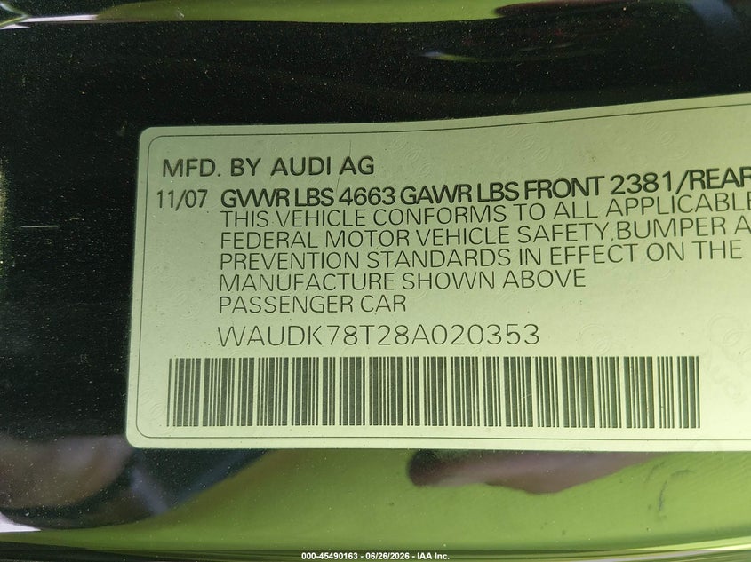 2008 Audi A5 3.2L VIN: WAUDK78T28A020353 Lot: 45490163