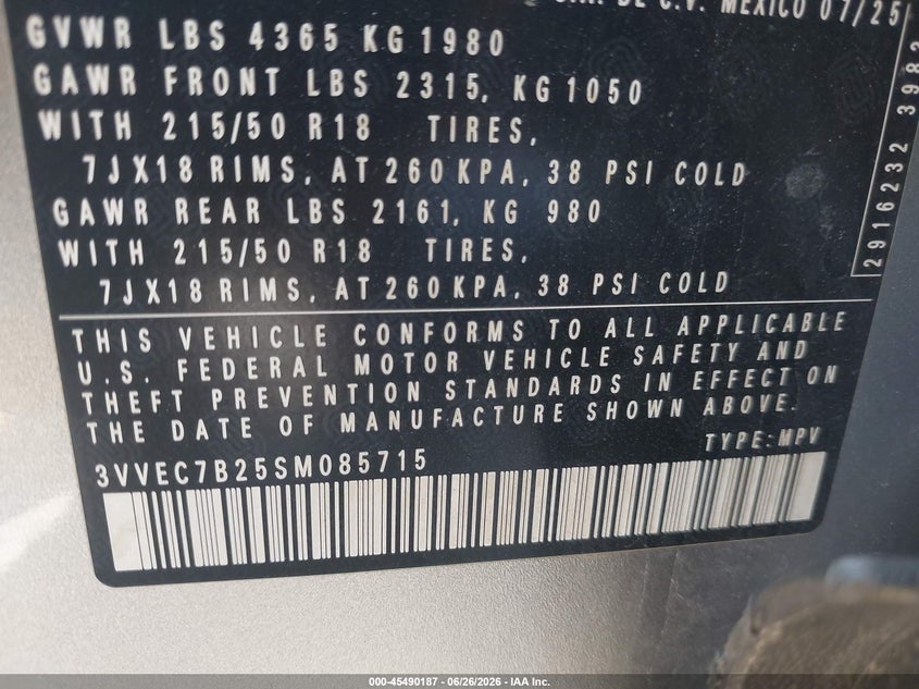 2025 Volkswagen Taos 1.5T Se VIN: 3VVEC7B25SM085715 Lot: 45490187