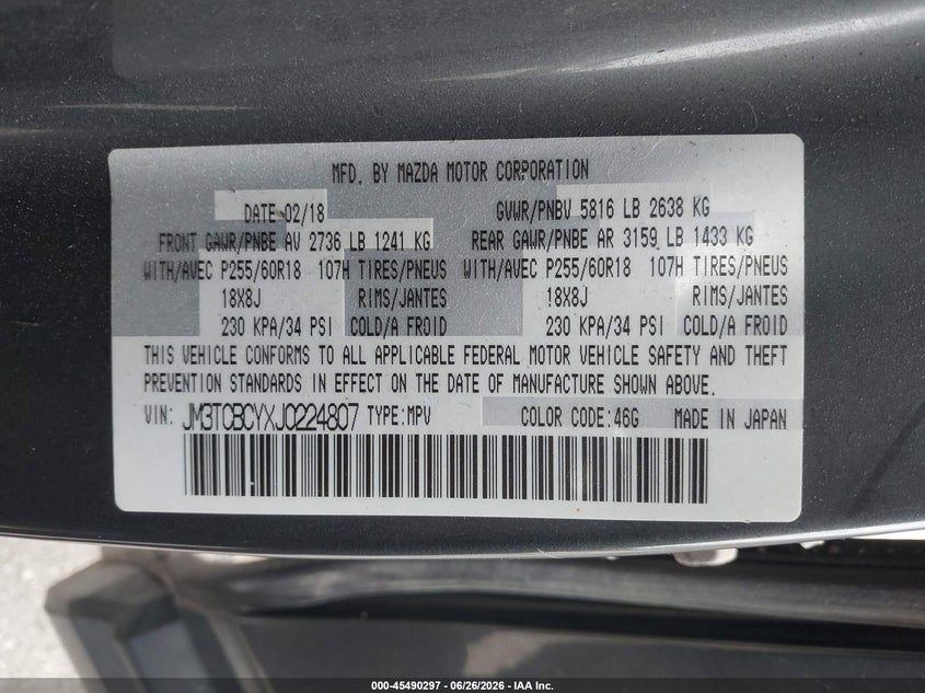 MAZDA CX-9 2018 VIN JM3TCBCYXJ0224807