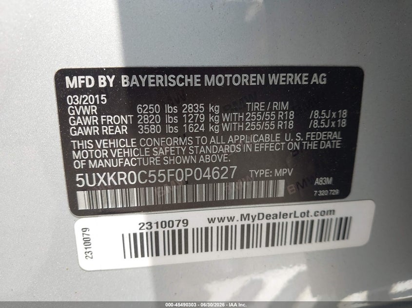 2015 BMW X5 SPORT UTILITY VEHICLE 3.0L I-6 DI, DOHC, VVT, TURBO, 300HP