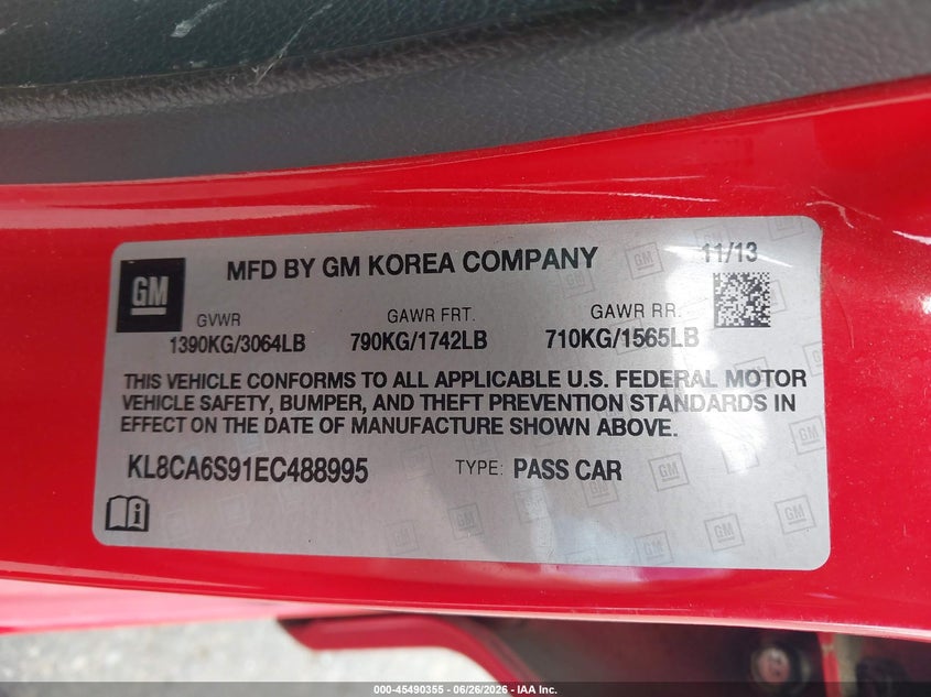 2014 Chevrolet Spark Ls Manual VIN: KL8CA6S91EC488995 Lot: 45490355