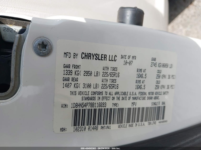 2008 Dodge Grand Caravan Sxt VIN: 1D8HN54P78B116693 Lot: 45490365