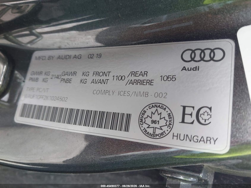 2019 Audi S3 2.0T Premium Plus VIN: WAUF1GFF2K1024502 Lot: 45490377