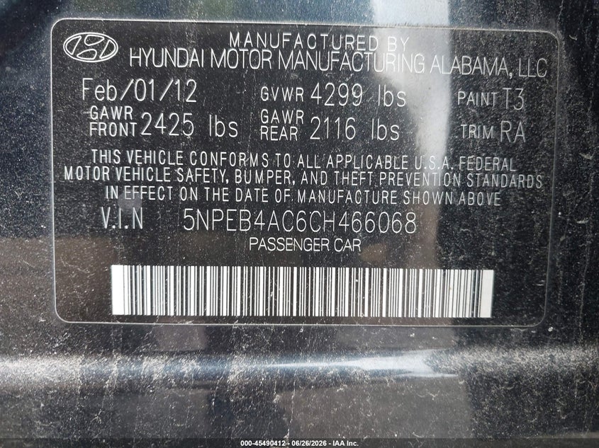 HYUNDAI SONATA 2012 VIN 5NPEB4AC6CH466068