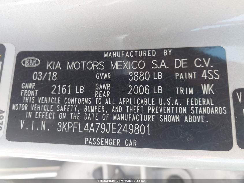 2018 KIA FORTE SEDAN 2.0L I-4 DOHC, VVT, 147HP