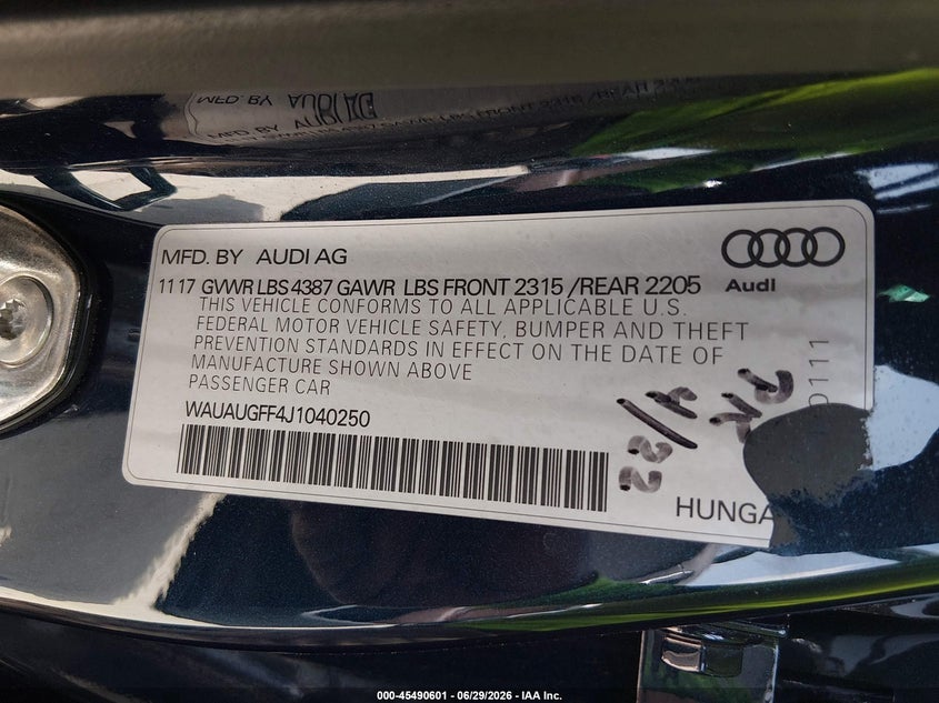 2018 Audi A3 VIN: WAUAUGFF4J1040250 Lot: 45490601