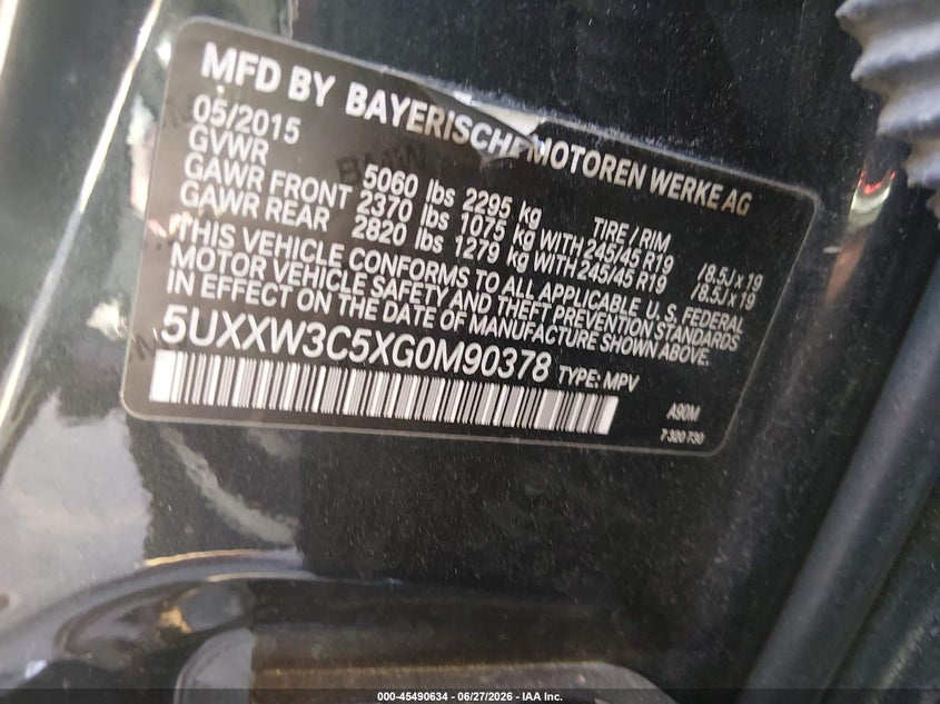 2016 BMW X4 xDrive28I VIN: 5UXXW3C5XG0M90378 Lot: 45490634