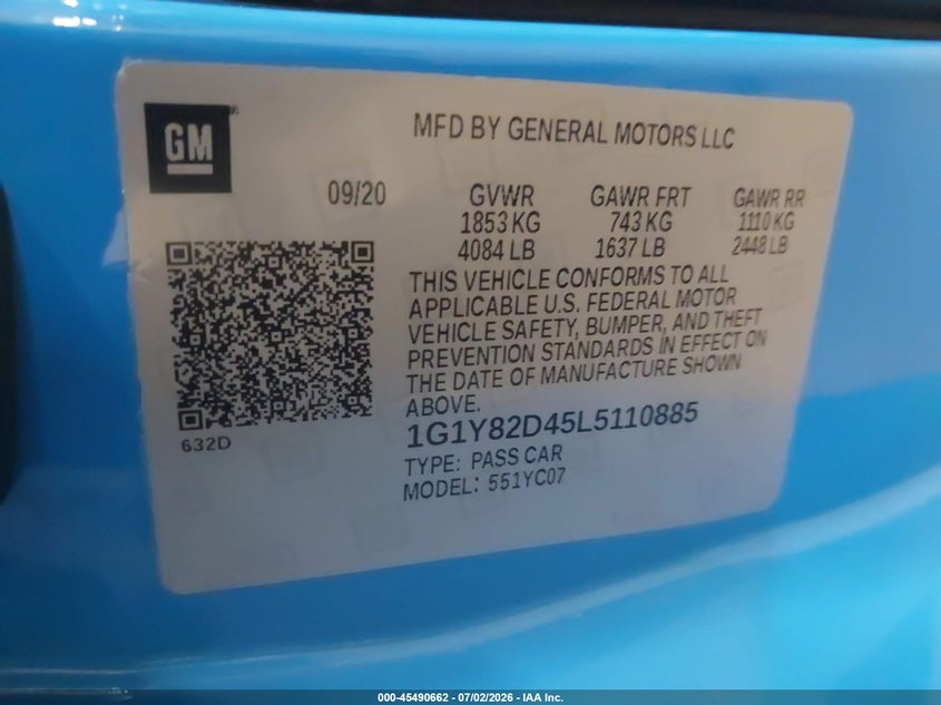 2020 Chevrolet Corvette Stingray Rwd 3Lt VIN: 1G1Y82D45L5110885 Lot: 45490662