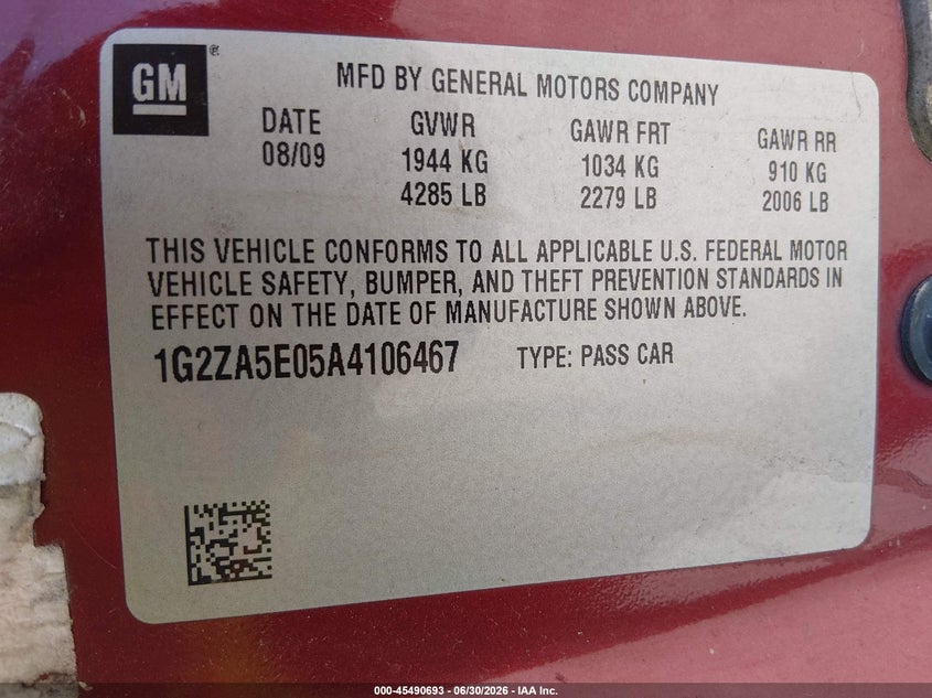 2010 Pontiac G6 VIN: 1G2ZA5E05A4106467 Lot: 45490693