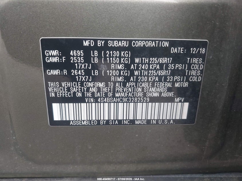 2019 SUBARU OUTBACK SPORT UTILITY VEHICLE 2.5L H-4 DOHC, VVT, 175HP