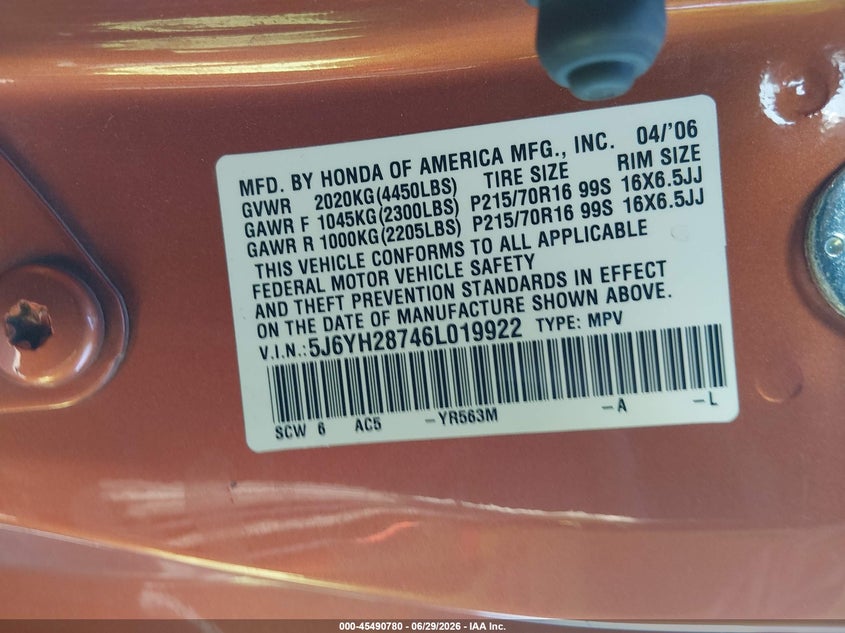 2006 Honda Element Ex-P VIN: 5J6YH28746L019922 Lot: 45490780