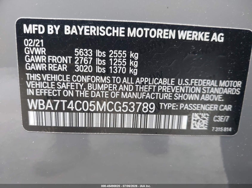 2021 BMW 740I xDrive VIN: WBA7T4C05MCG53789 Lot: 45490820