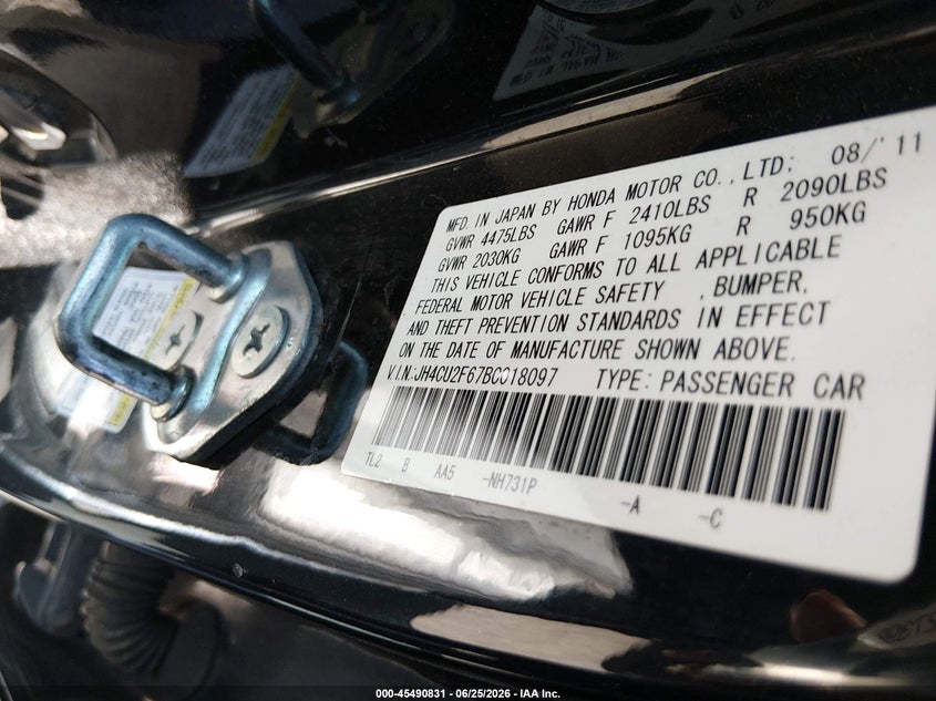 2011 Acura Tsx 2.4 VIN: JH4CU2F67BC018097 Lot: 45490831