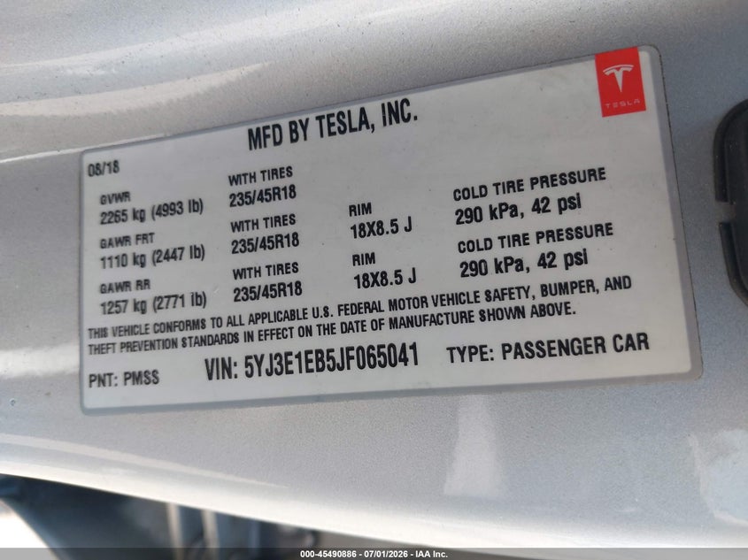 TESLA MODEL 3 2018 VIN 5YJ3E1EB5JF065041