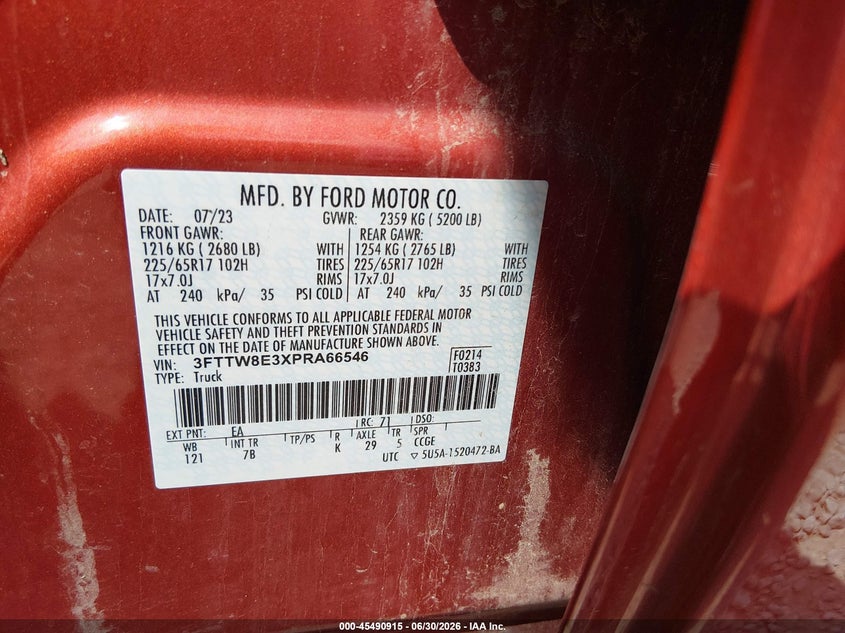 2023 Ford Maverick Xlt VIN: 3FTTW8E3XPRA66546 Lot: 45490915