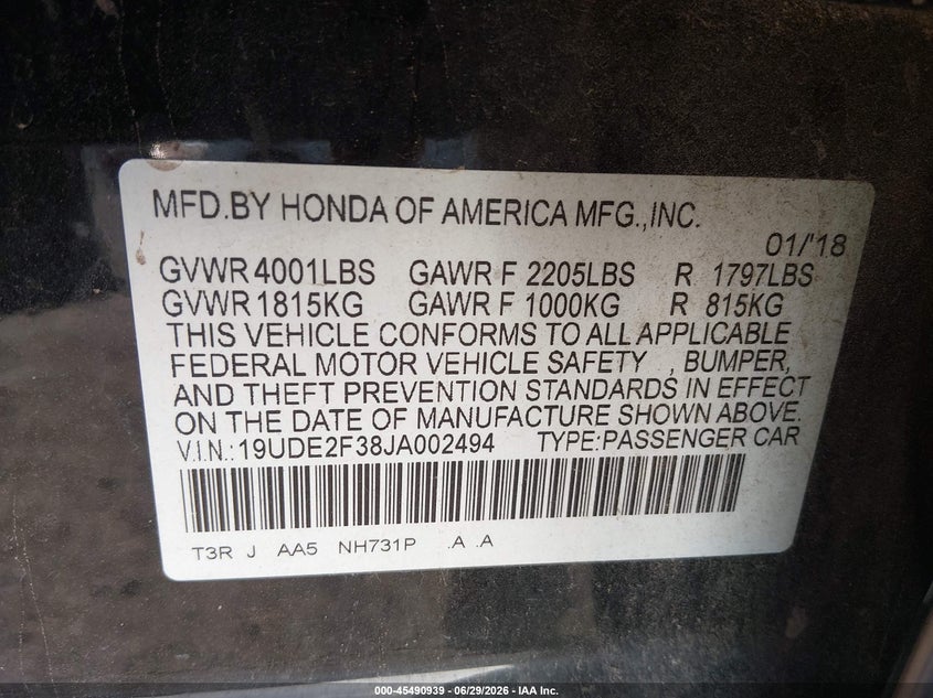 2018 Acura Ilx Acurawatch Plus Package VIN: 19UDE2F38JA002494 Lot: 45490939