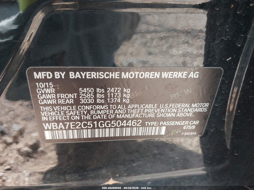 2016 BMW 740I VIN: WBA7E2C51GG504462 Lot: 45490949