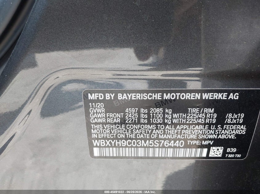 2021 BMW X2 Sdrive28I VIN: WBXYH9C03M5S76440 Lot: 45491022