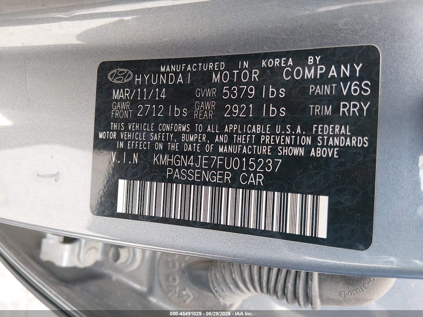 2015 Hyundai Genesis 3.8 VIN: KMHGN4JE7FU015237 Lot: 45491029