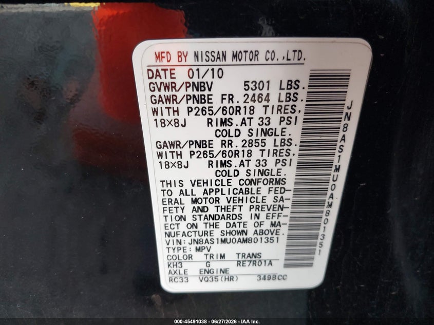 2010 Infiniti Fx35 VIN: JN8AS1MU0AM801351 Lot: 45491038