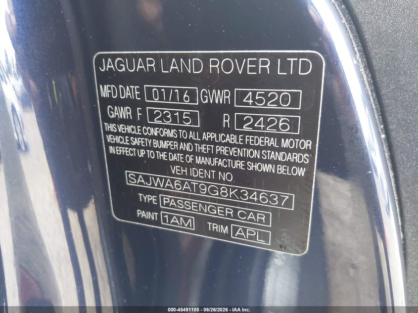 2016 Jaguar F-Type VIN: SAJWA6AT9GHK34637 Lot: 45491105