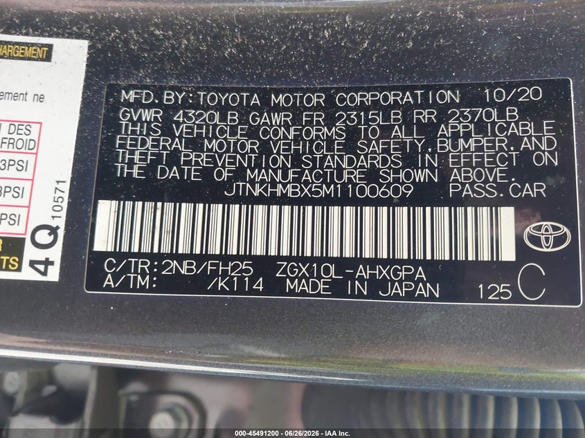 2021 Toyota C-Hr Nightshade Edition VIN: JTNKHMBX5M1100609 Lot: 45491200