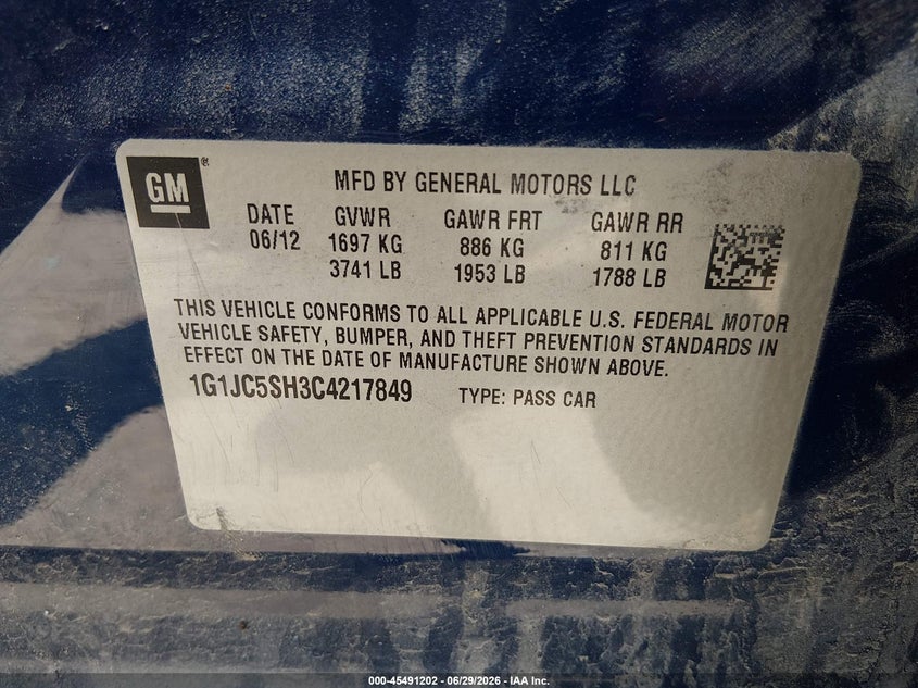 2012 Chevrolet Sonic 2Lt VIN: 1G1JC5SH3C4217849 Lot: 45491202