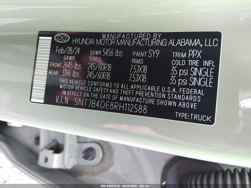 2024 Hyundai Santa Cruz Sel VIN: 5NTJB4DE8RH112588 Lot: 45491215