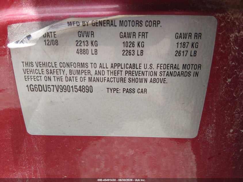 2009 Cadillac Cts Rwd W/1Sb VIN: 1G6DU57V990154890 Lot: 45491430