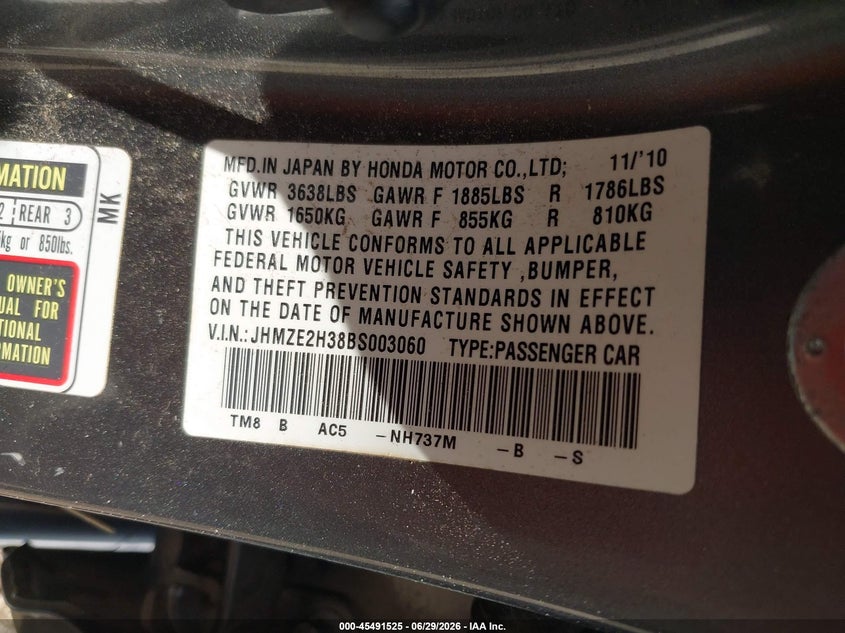 2011 Honda Insight VIN: JHMZE2H38BS003060 Lot: 45491525