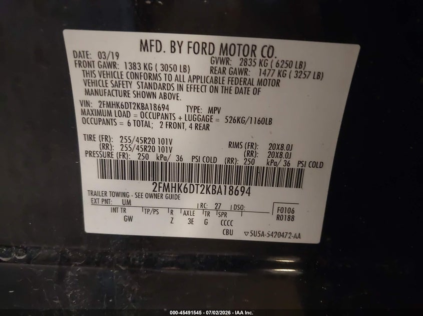 2019 Ford Flex Limited VIN: 2FMHK6DT2KBA18694 Lot: 45491545