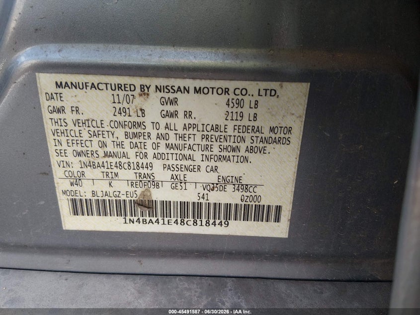 2008 Nissan Maxima 3.5 Sl VIN: 1N4BA41E48C818449 Lot: 45491587
