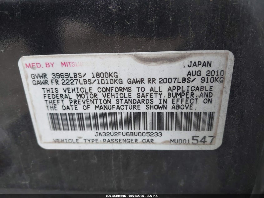 MITSUBISHI LANCER 2011 VIN JA32U2FU6BU005233