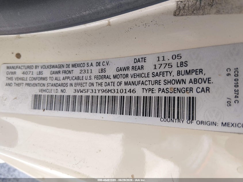 2006 Volkswagen New Beetle 2.5/2.5 (A6) VIN: 3VWSF31Y96M310146 Lot: 45491599