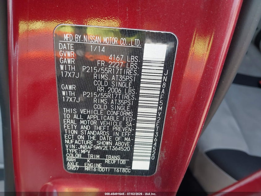 2014 Nissan Juke Sv VIN: JN8AF5MV2ET364520 Lot: 45491645