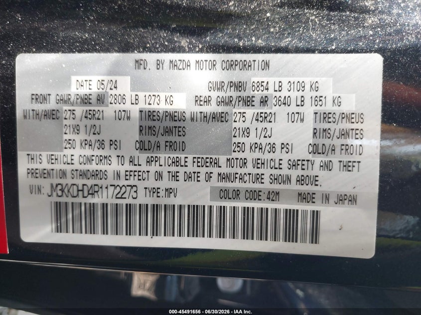 2024 Mazda Cx-90 3.3 Turbo Premium VIN: JM3KKDHD4R1172273 Lot: 45491656