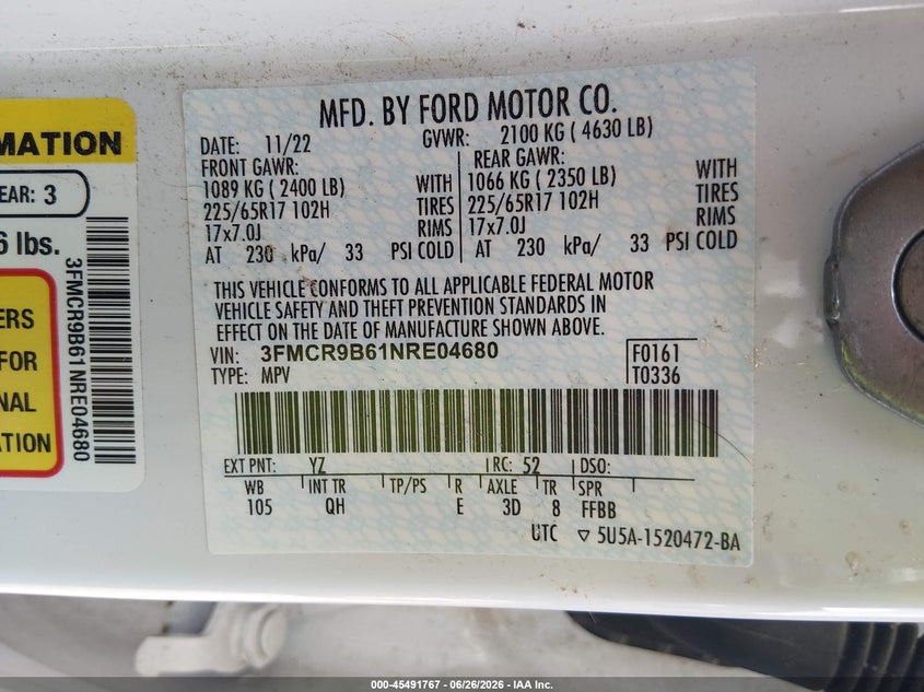 2022 Ford Bronco Sport Big Bend VIN: 3FMCR9B61NRE04680 Lot: 45491767