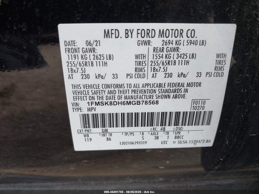 FORD EXPLORER 2021 VIN 1FMSK8DH6MGB78568