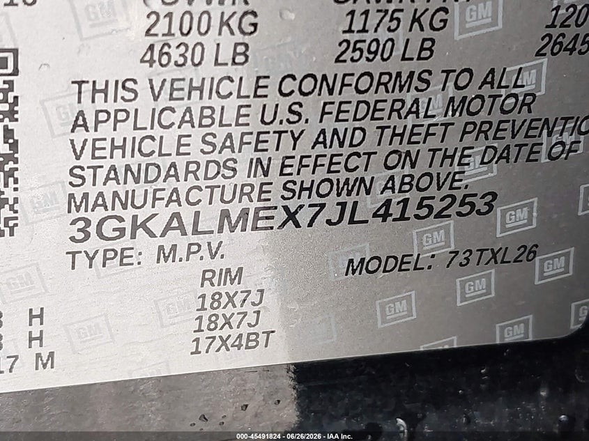 GMC TERRAIN 2018 VIN 3GKALMEX7JL415253