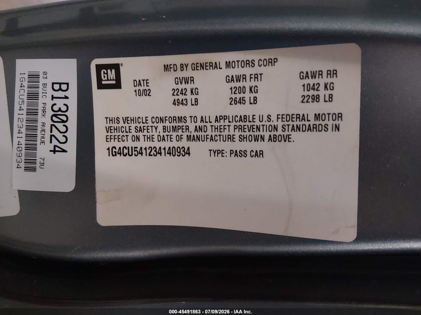 2003 Buick Park Avenue Ultra VIN: 1G4CU541234140934 Lot: 45491863