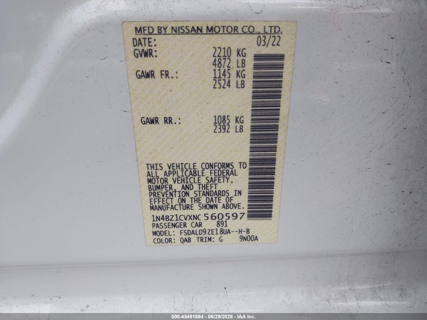 2022 Nissan Leaf Sv Plus 62 Kwh VIN: 1N4BZ1CVXNC560597 Lot: 45491864