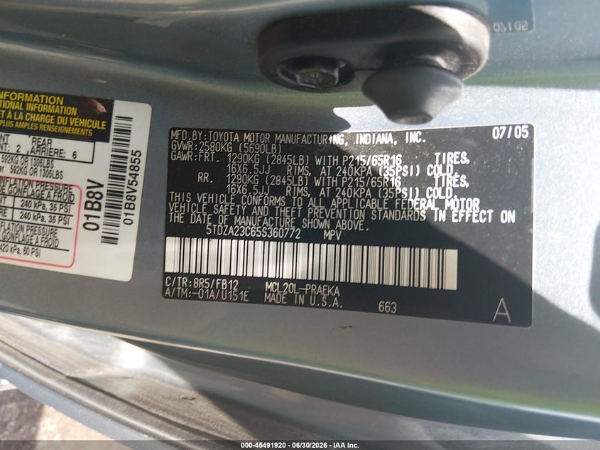 2005 TOYOTA SIENNA VAN 3.3L V-6 DOHC, VVT, 230HP