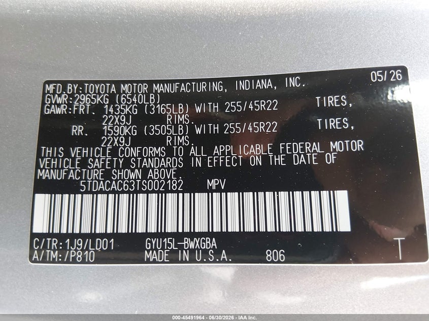 2026 Lexus Tx 550H+ Luxury VIN: 5TDACAC63TS002182 Lot: 45491964