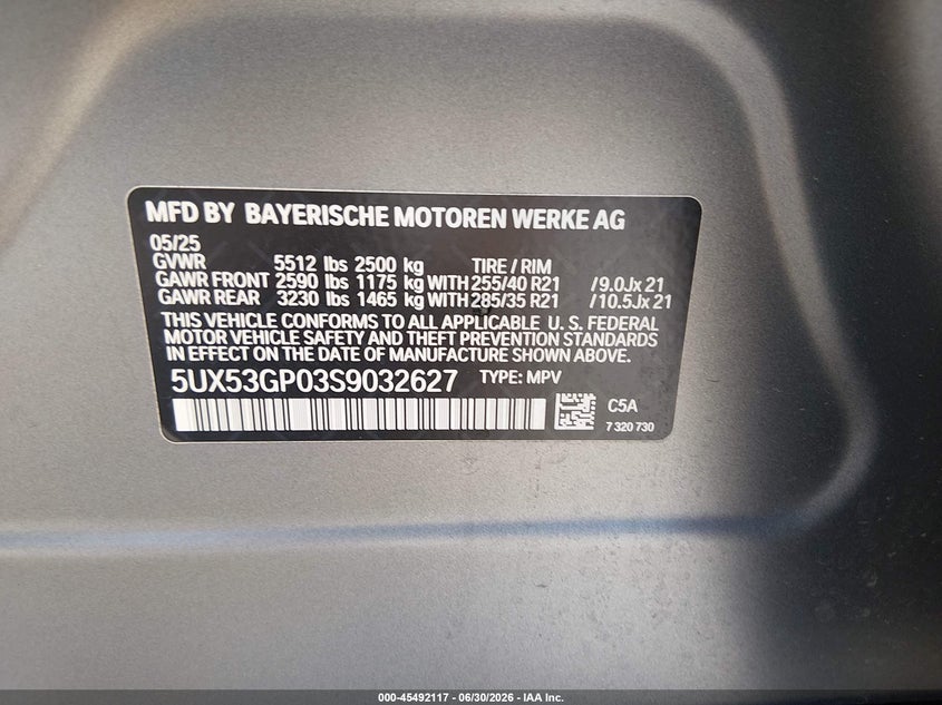 2025 BMW X3 30 xDrive VIN: 5UX53GP03S9032627 Lot: 45492117