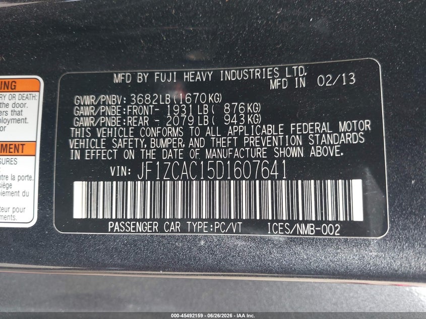 2013 Subaru Brz Limited VIN: JF1ZCAC15D1607641 Lot: 45492159