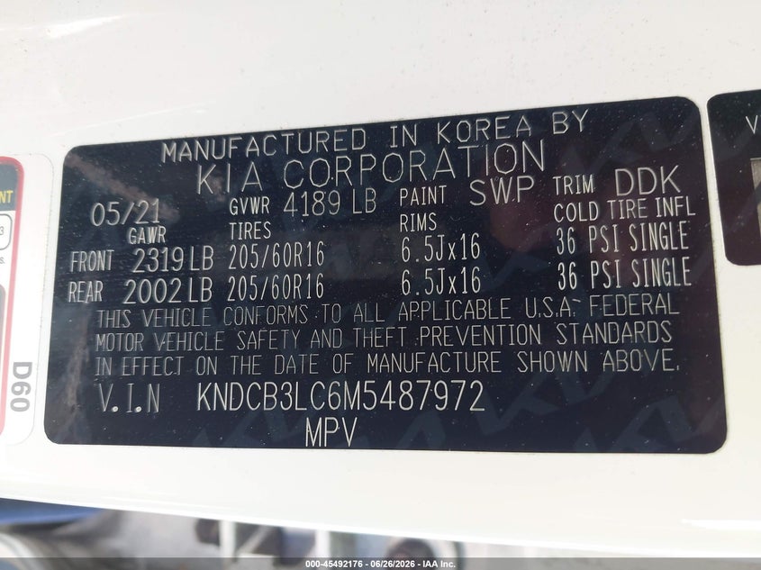 2021 Kia Niro Lxs VIN: KNDCB3LC6M5487972 Lot: 45492176